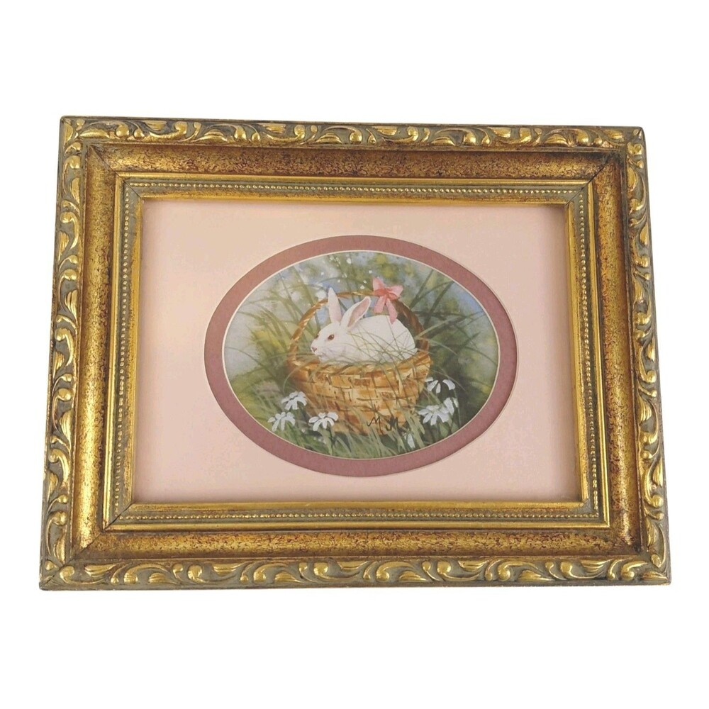 Vtg Gold Framed Matted Print Bunny Rabbit Basket Easter 7x9" Art